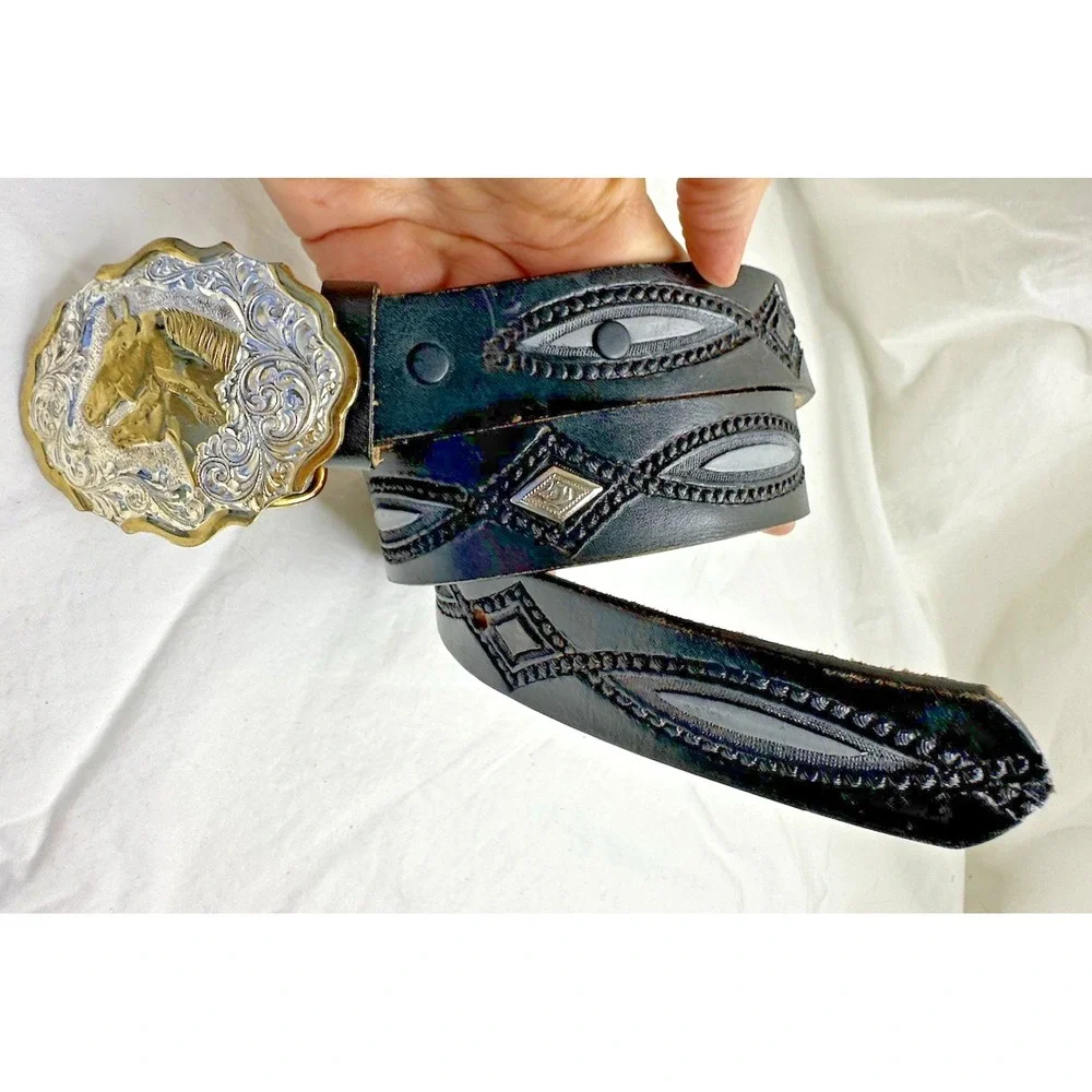 Crumrine Silver Plate Buckle Horse‎ Mare Foal Two Tone Western Belt Black 26